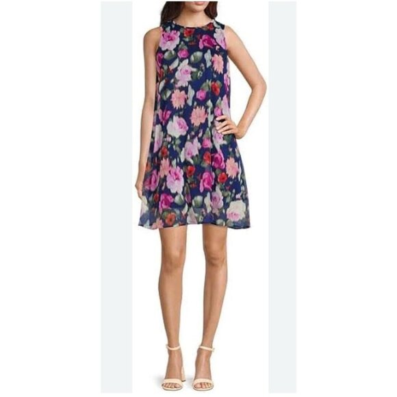 Calvin Klein Dress Blue Purple Pink Green 10 Floral Flowy A Line Sleeveless NEW - Picture 1 of 6